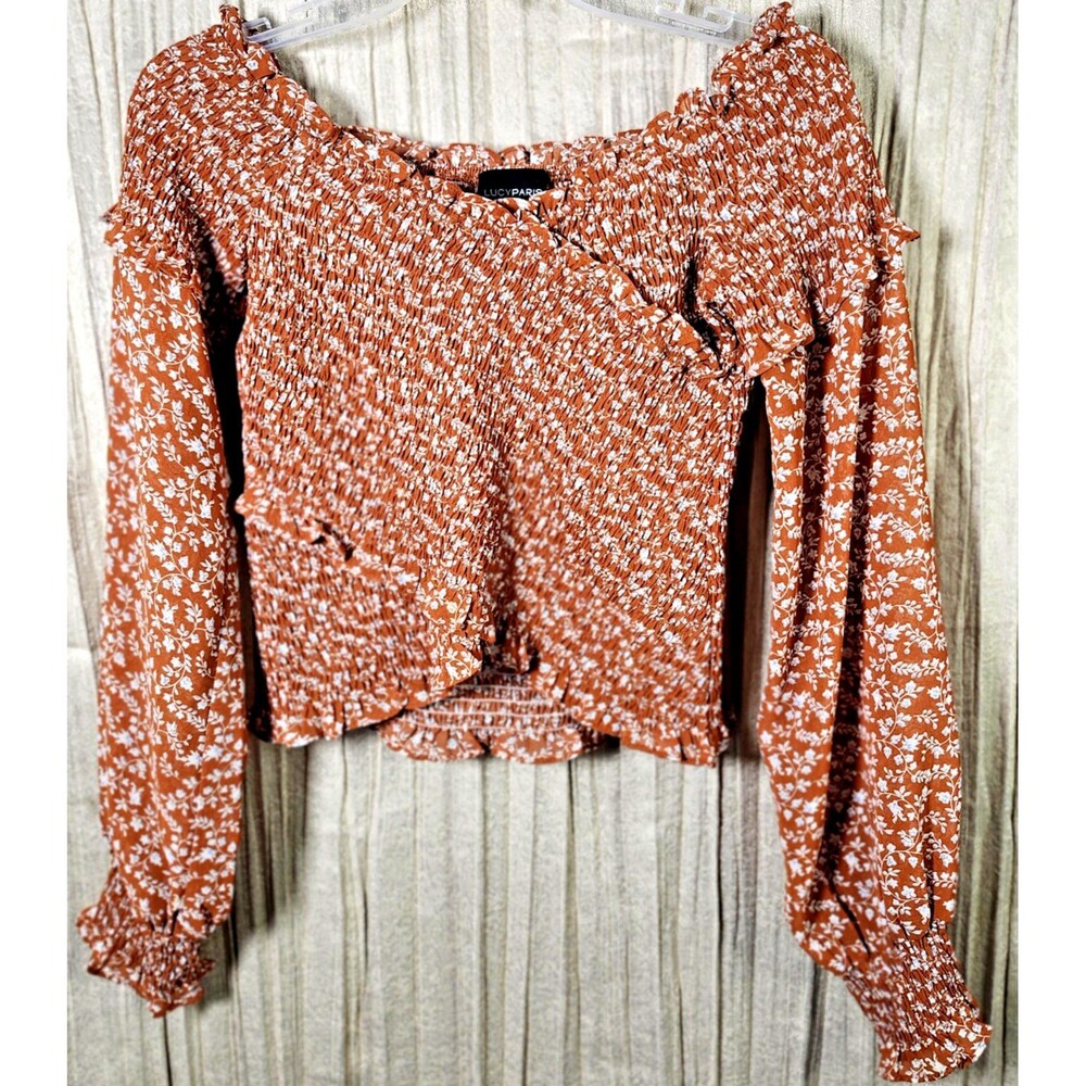 Lucy Paris Sheer Brown Floral Smocked Ruffle Top Puff Sleeve Off The Shoulder S